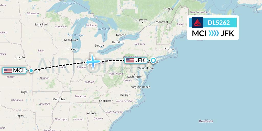 DL5262 Delta Air Lines Flight Map: Kansas City to New York