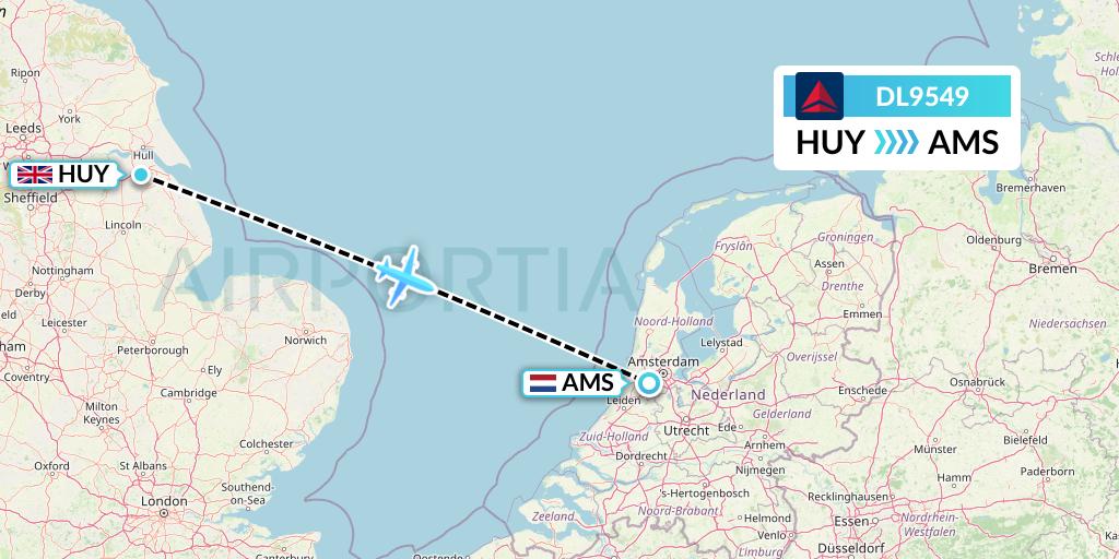 DL9549 Delta Air Lines Flight Map: Humberside to Amsterdam