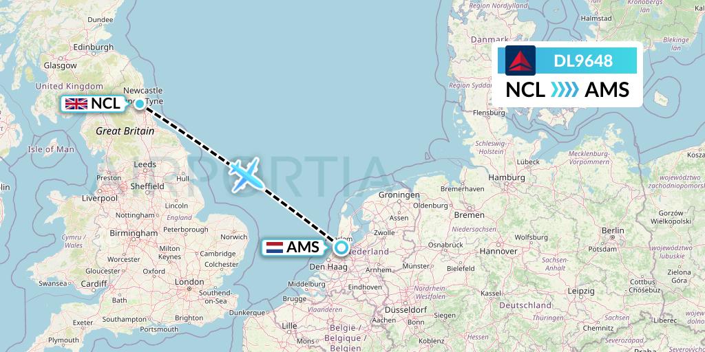 DL9648 Delta Air Lines Flight Map: Newcastle to Amsterdam