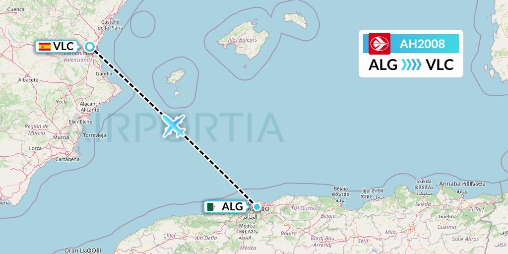 AH2008 Air Algerie Flight Map: Algiers to Valencia