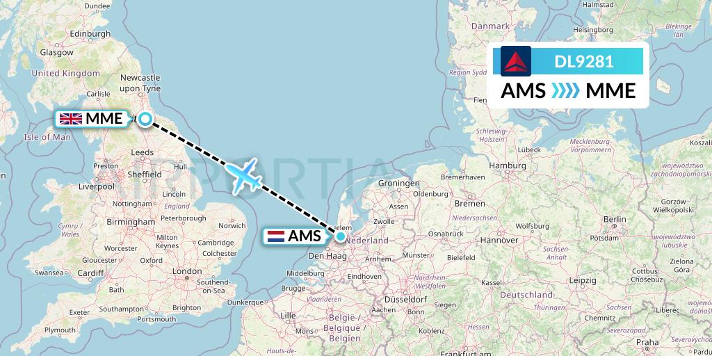 DL9281 Delta Air Lines Flight Map: Amsterdam to Darlington