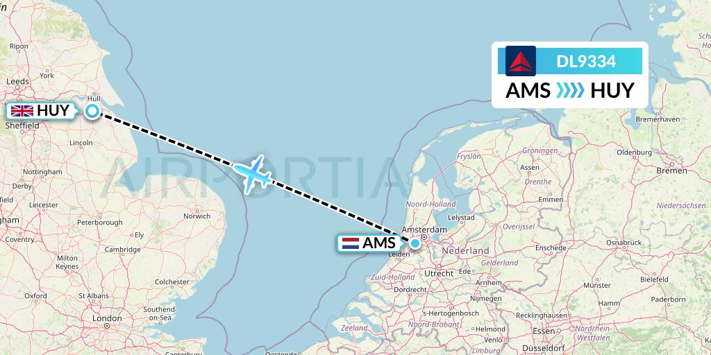 DL9334 Delta Air Lines Flight Map: Amsterdam to Humberside