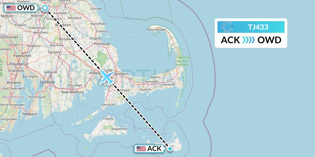 TJ433 Tradewind Aviation Flight Map: Nantucket to Norwood