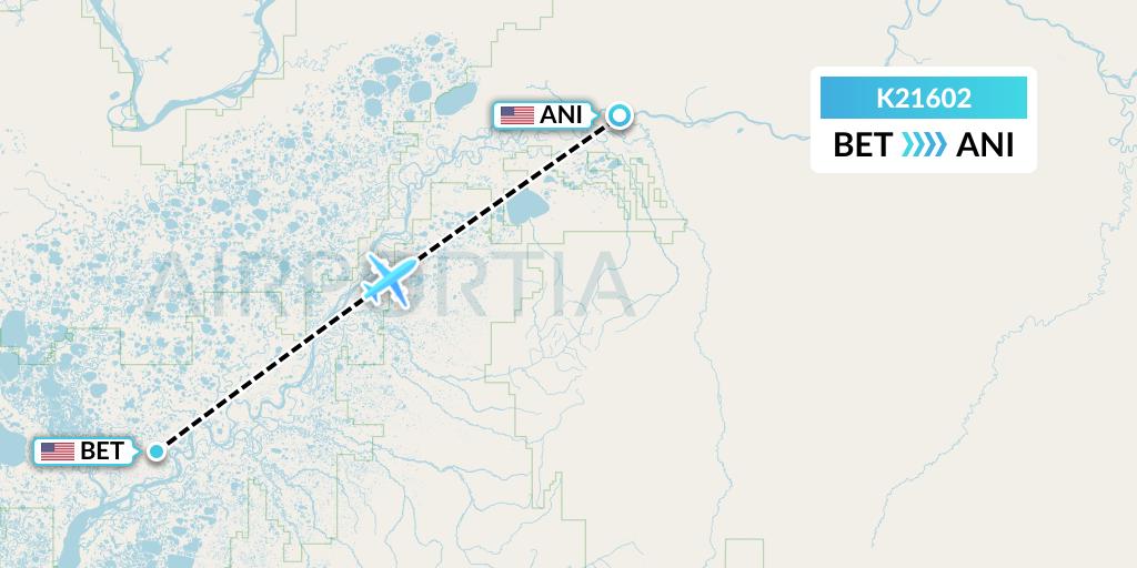 K21602 Yute Commuter Service Flight Map: Bethel to Aniak