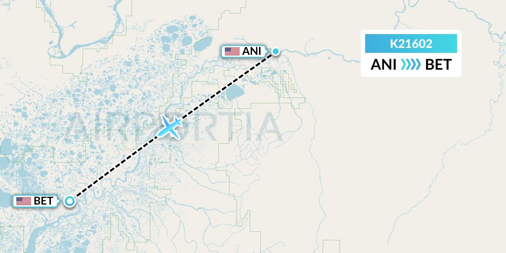 K21602 Yute Commuter Service Flight Map: Aniak to Bethel