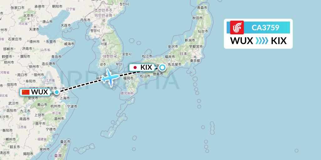 CA3759 Air China Flight Map: Wuxi to Osaka