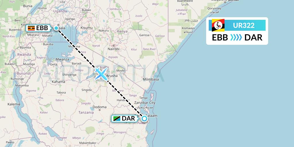 UR322 Uganda Airlines Flight Map: Entebbe to Dar-es-Salaam