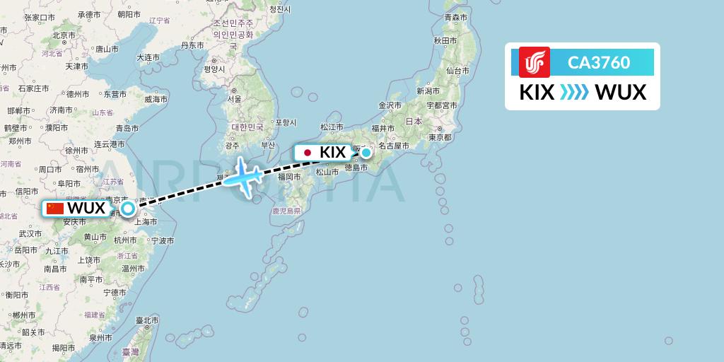 CA3760 Air China Flight Map: Osaka to Wuxi
