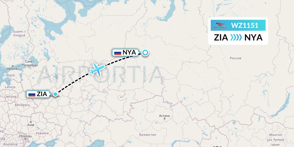 WZ1151 Red Wings Flight Map: Moscow to Nyagan