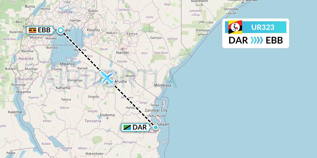 UR323 Uganda Airlines Flight Map: Dar-es-Salaam to Entebbe