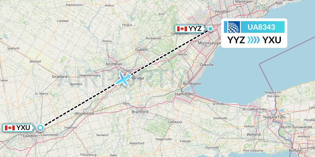 UA8343 United Airlines Flight Map: Toronto to London
