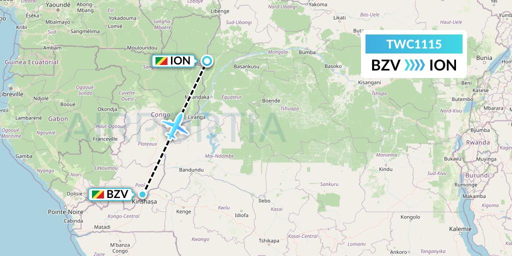 TWC1115 Canadian Airways Congo Flight Map: Brazzaville to Impfondo