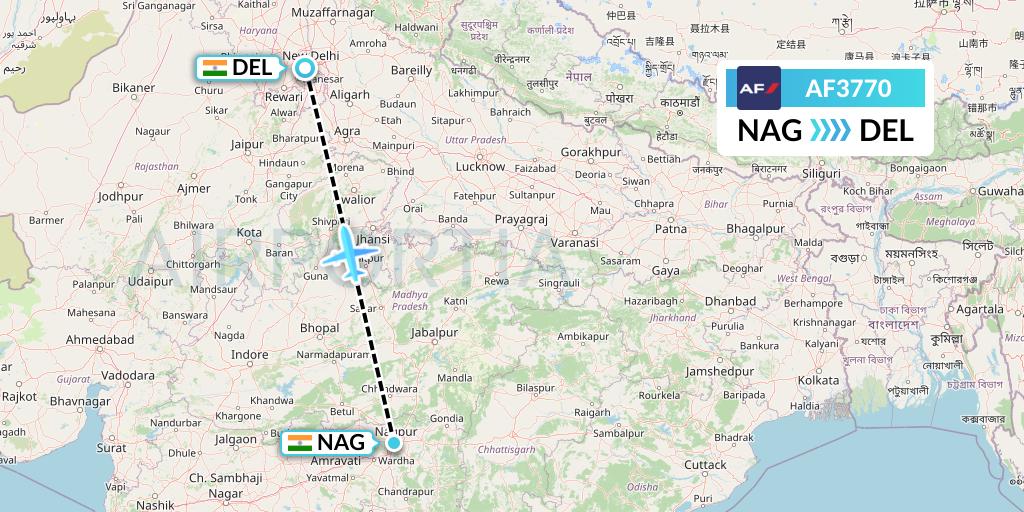 AF3770 Air France Flight Map: Nagpur to Delhi
