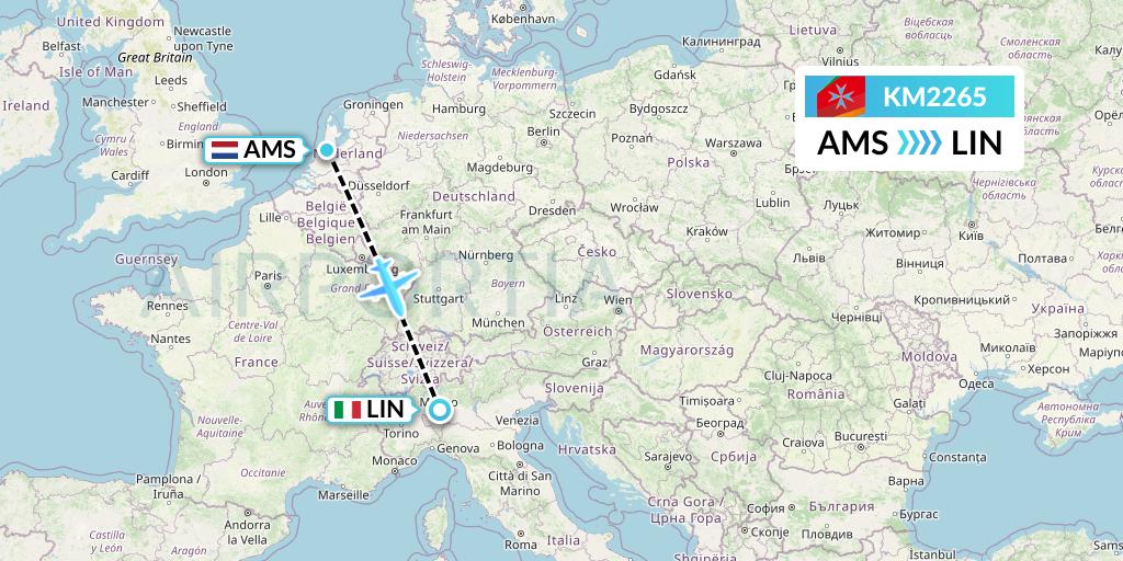 KM2265 Air Malta Flight Map: Amsterdam to Milan