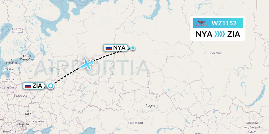 WZ1152 Red Wings Flight Map: Nyagan to Moscow