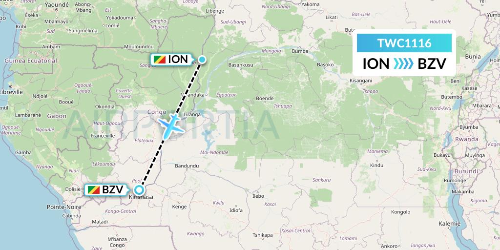 TWC1116 Canadian Airways Congo Flight Map: Impfondo to Brazzaville