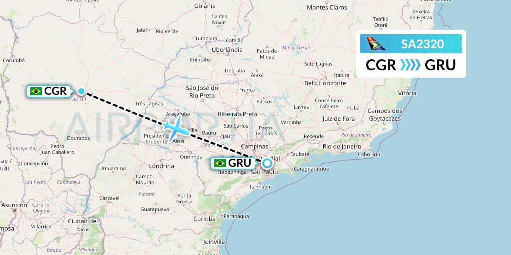 SA2320 South African Airways Flight Map: Campo Grande to Sao Paulo