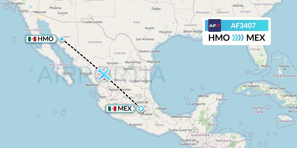 AF3407 Air France Flight Map: Hermosillo to Mexico City
