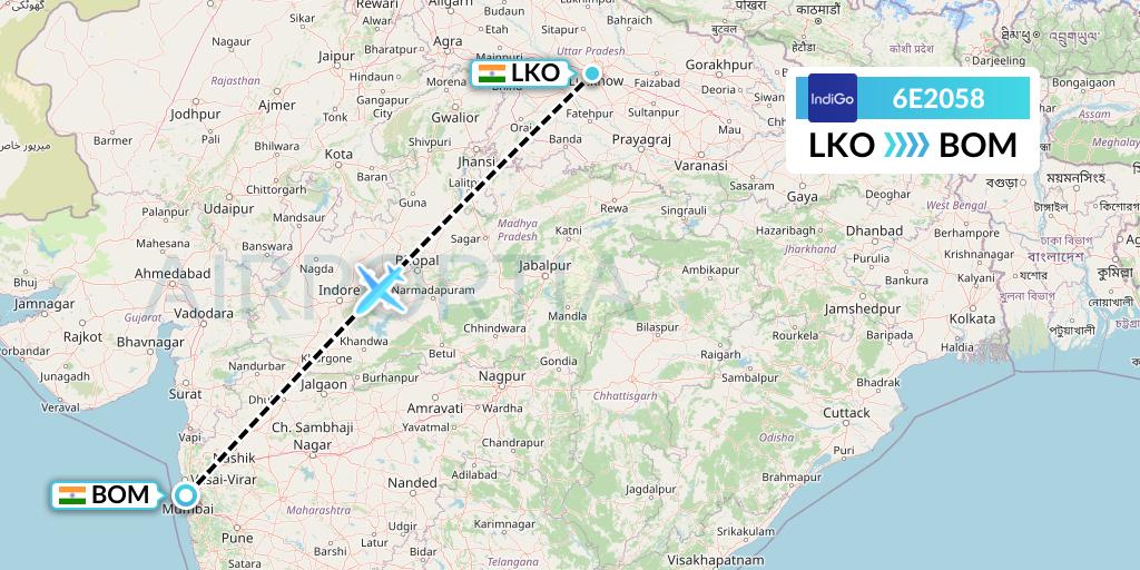 6E2058 IndiGo Airlines Flight Map: Lucknow to Mumbai