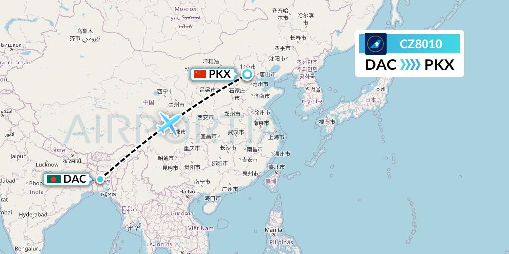 CZ8010 China Southern Airlines Flight Map: Dhaka to Beijing