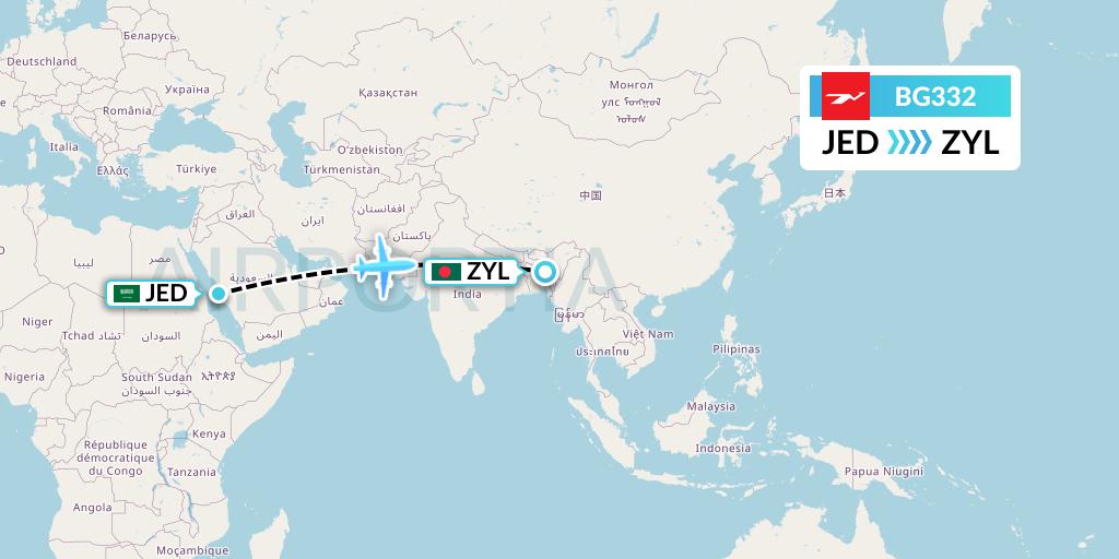 BG332 Biman Bangladesh Airlines Flight Map: Jeddah to Sylhet