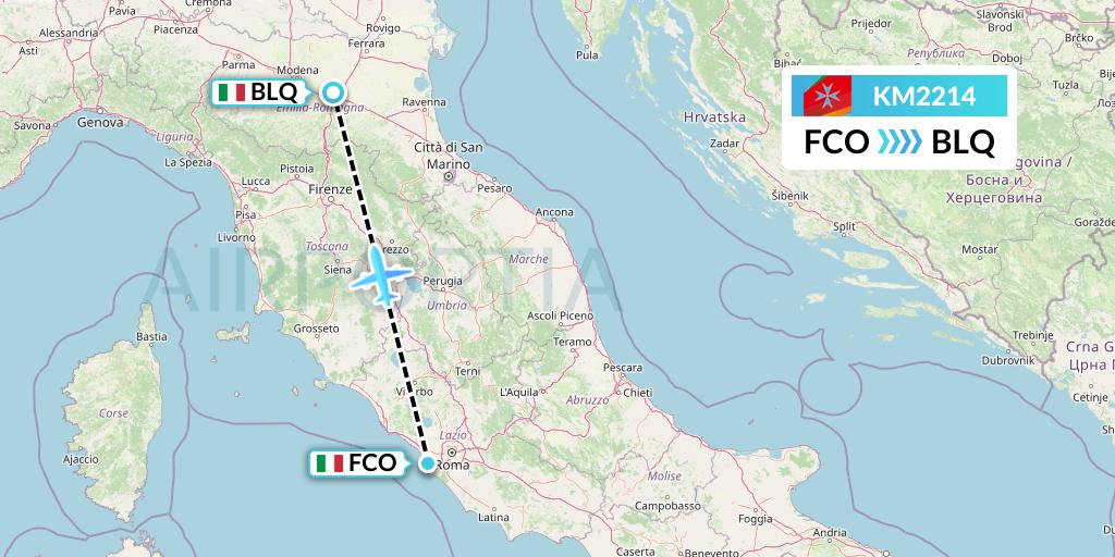 KM2214 Air Malta Flight Map: Rome to Bologna