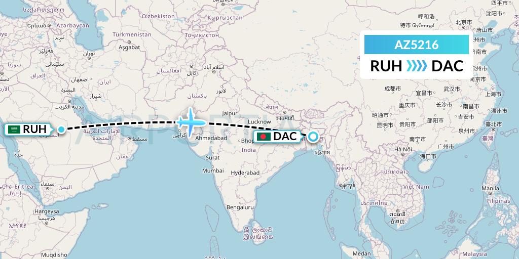 AZ5216 ITA Airways Flight Map: Riyadh to Dhaka