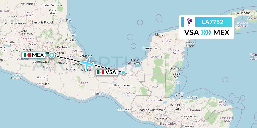 LA7752 LAN Airlines Flight Map: Villahermosa to Mexico City