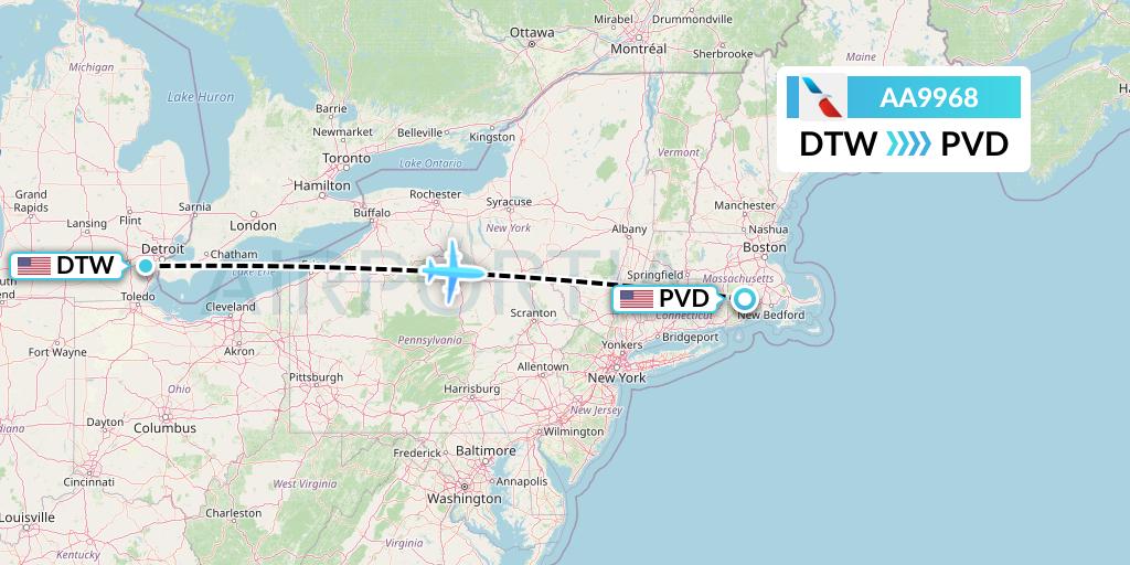 AA9968 American Airlines Flight Map: Detroit to Providence