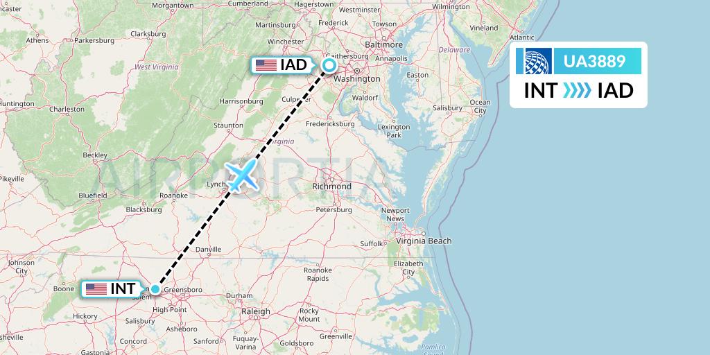 UA3889 United Airlines Flight Map: Winston-Salem to Washington