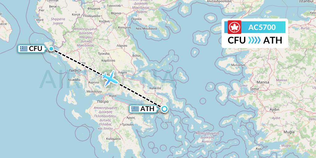 AC5700 Air Canada Flight Map: Corfu to Athens