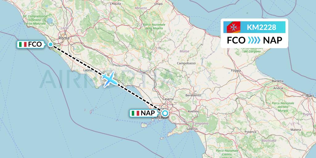 KM2228 Air Malta Flight Map: Rome to Naples