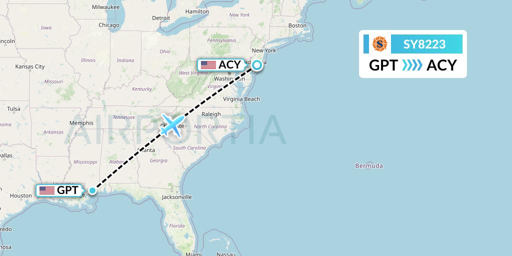 SY8223 Sun Country Airlines Flight Map: Gulfport to Atlantic City