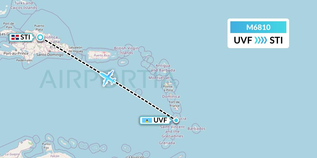 M6810 Amerijet International Flight Map: Vieux Fort to Santiago de los Caballeros
