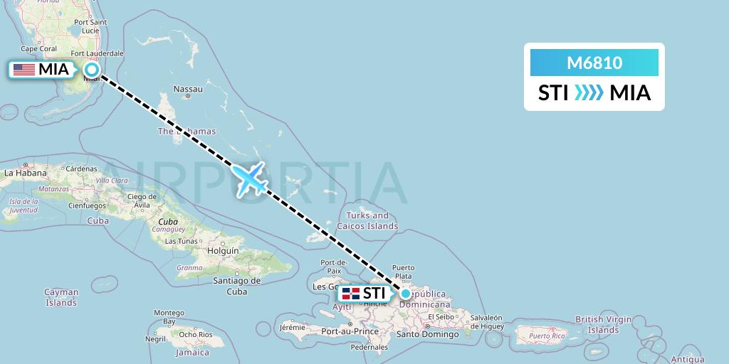 M6810 Amerijet International Flight Map: Santiago de los Caballeros to Miami