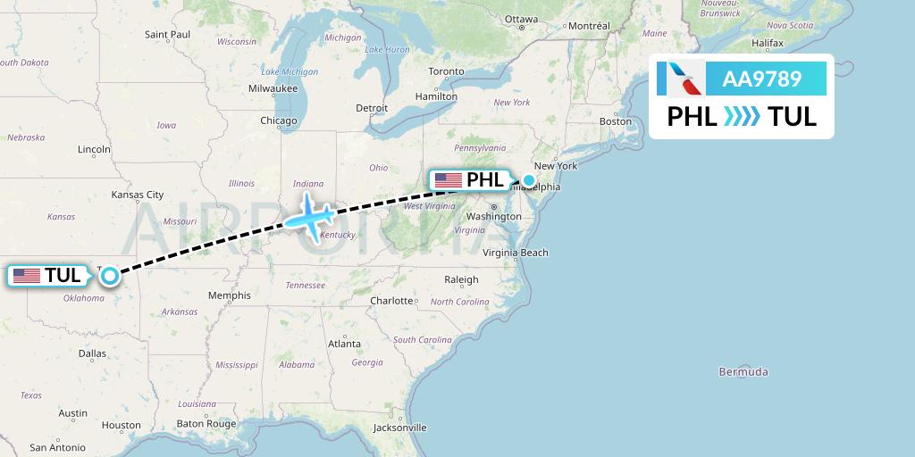 AA9789 American Airlines Flight Map: Philadelphia to Tulsa