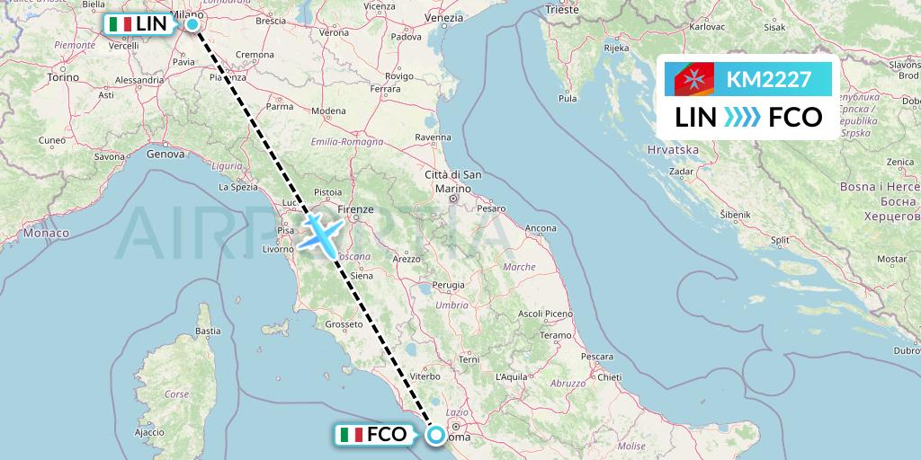 KM2227 Air Malta Flight Map: Milan to Rome