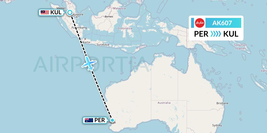 AK607 AirAsia Flight Map: Perth to Kuala Lumpur