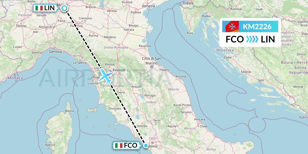 KM2226 Air Malta Flight Map: Rome to Milan