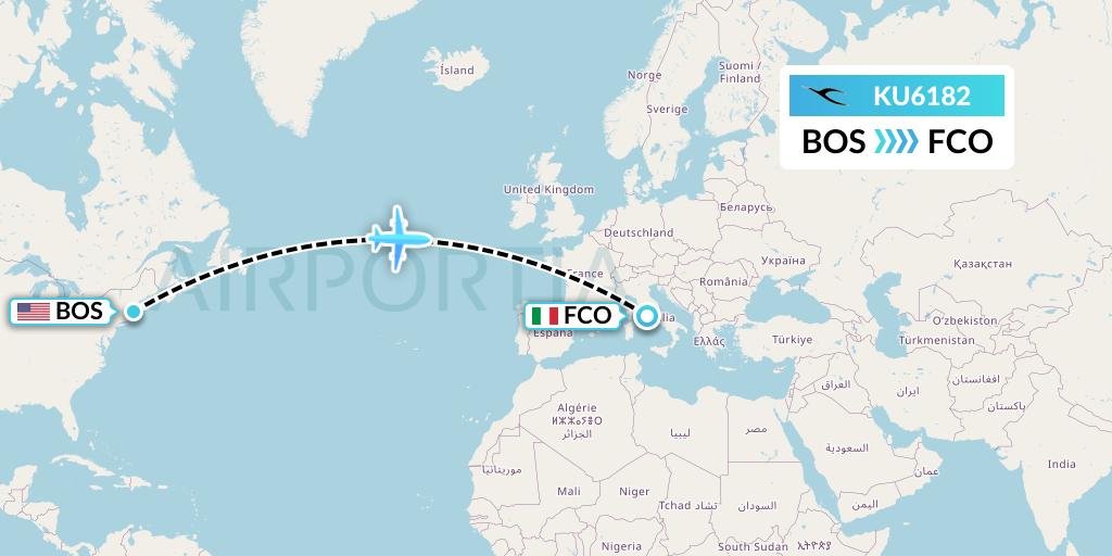 KU6182 Kuwait Airways Flight Map: Boston to Rome