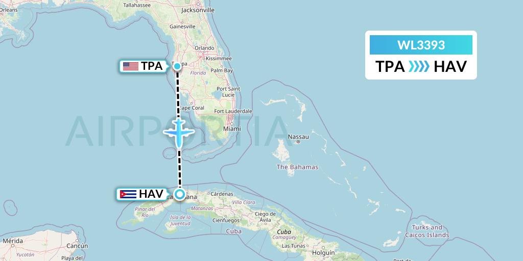 WL3393 World Atlantic Airlines Flight Map: Tampa to Havana