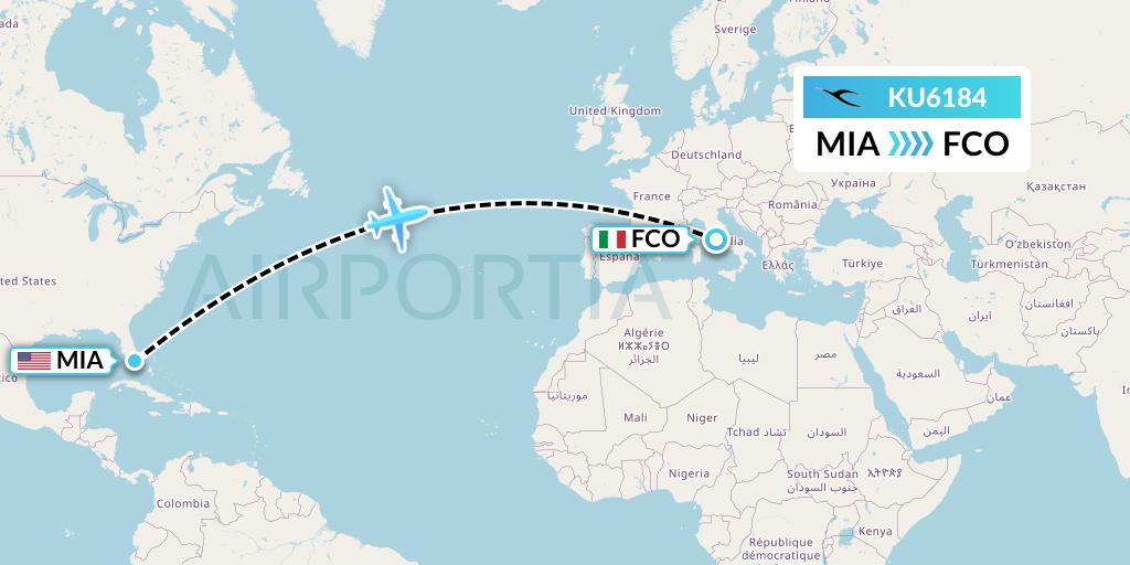 KU6184 Kuwait Airways Flight Map: Miami to Rome
