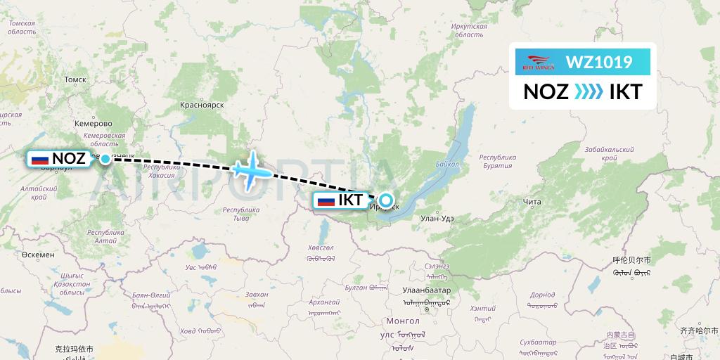 WZ1019 Red Wings Flight Map: Novokuznetsk to Irkutsk