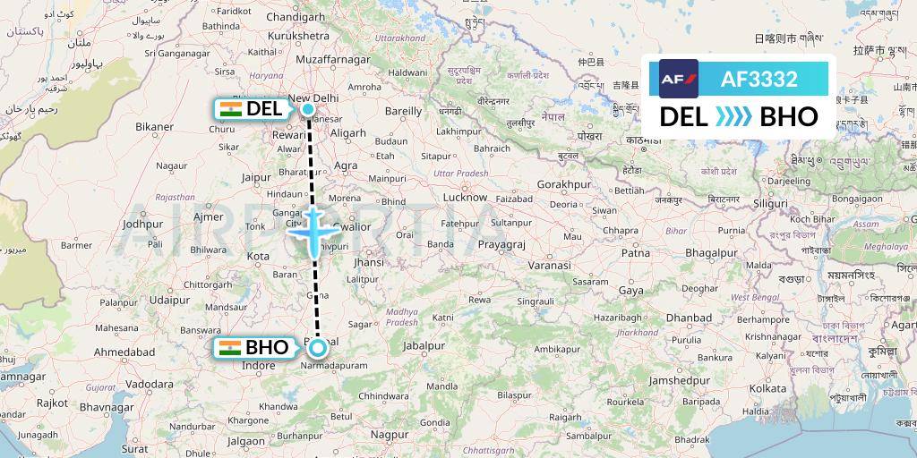 AF3332 Air France Flight Map: Delhi to Bhopal