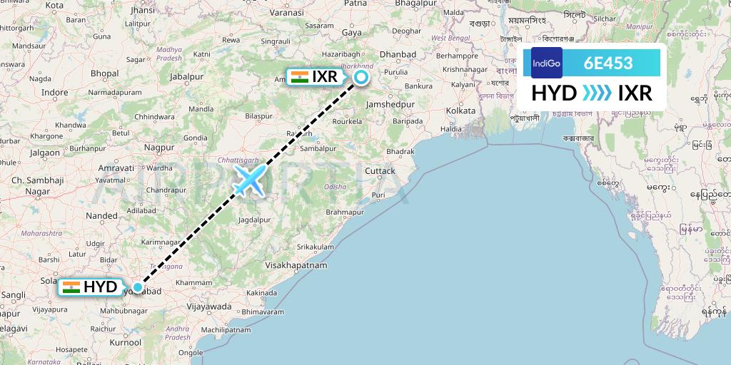 6E453 IndiGo Airlines Flight Map: Hyderabad to Ranchi