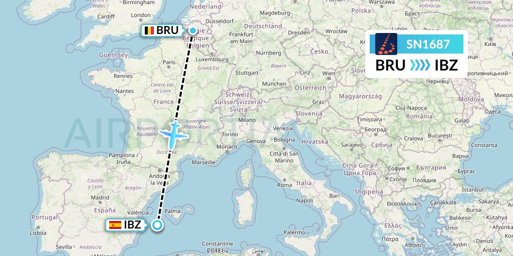 SN1687 Brussels Airlines Flight Map: Brussels to Ibiza