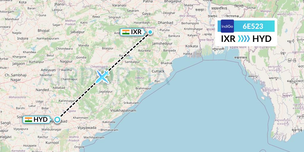 6E523 IndiGo Airlines Flight Map: Ranchi to Hyderabad