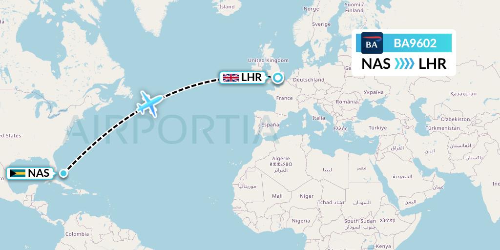 BA9602 British Airways Flight Map: Nassau to London