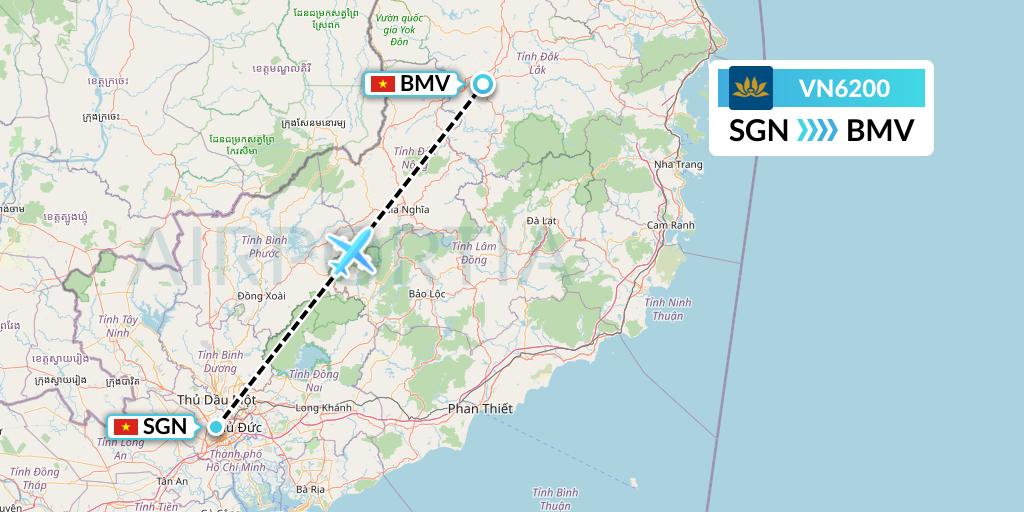 VN6200 Vietnam Airlines Flight Map: Ho Chi Minh City to Buon Ma Thuot