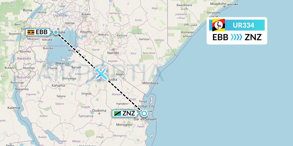 UR334 Uganda Airlines Flight Map: Entebbe to Zanzibar